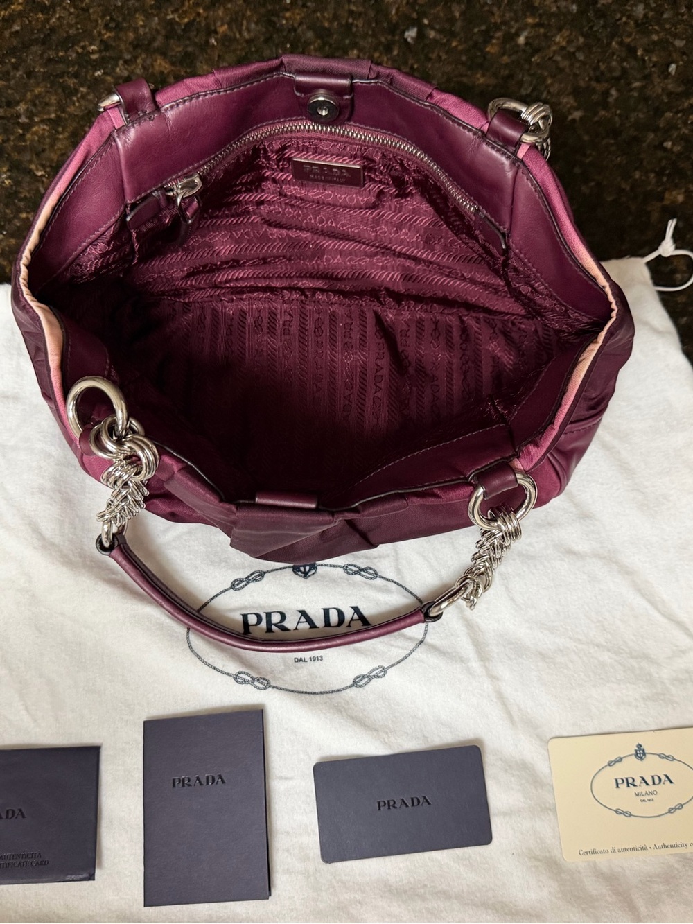 Prada Two-Tone Plum Satin Shoulder Bag with Chain Handles - Picture 6 of 14